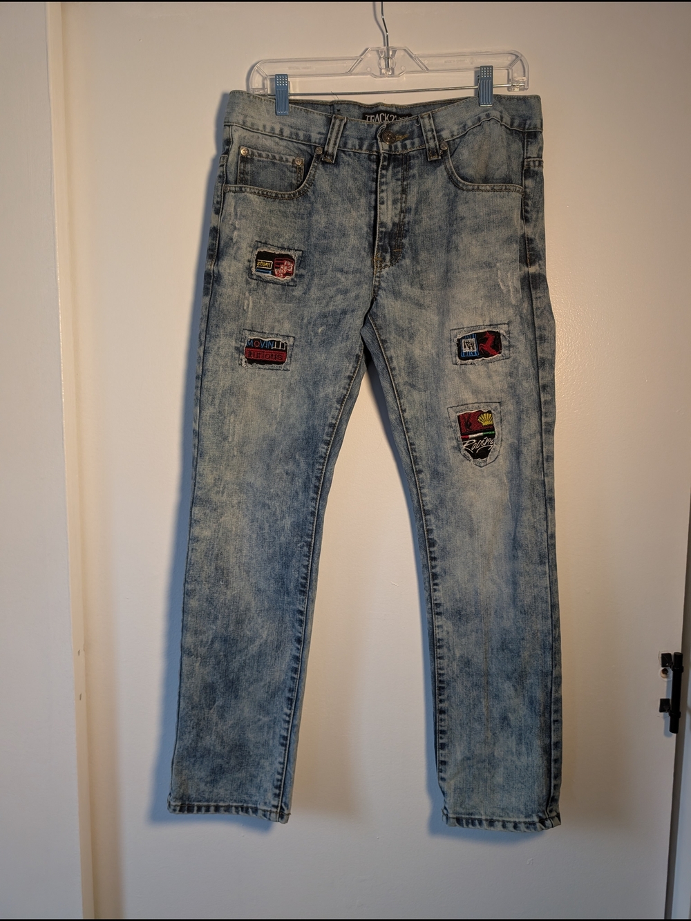 Track 23 Skinny Jeans Mens 34x30 Destroyed Grunge Distressed Patches Y2K